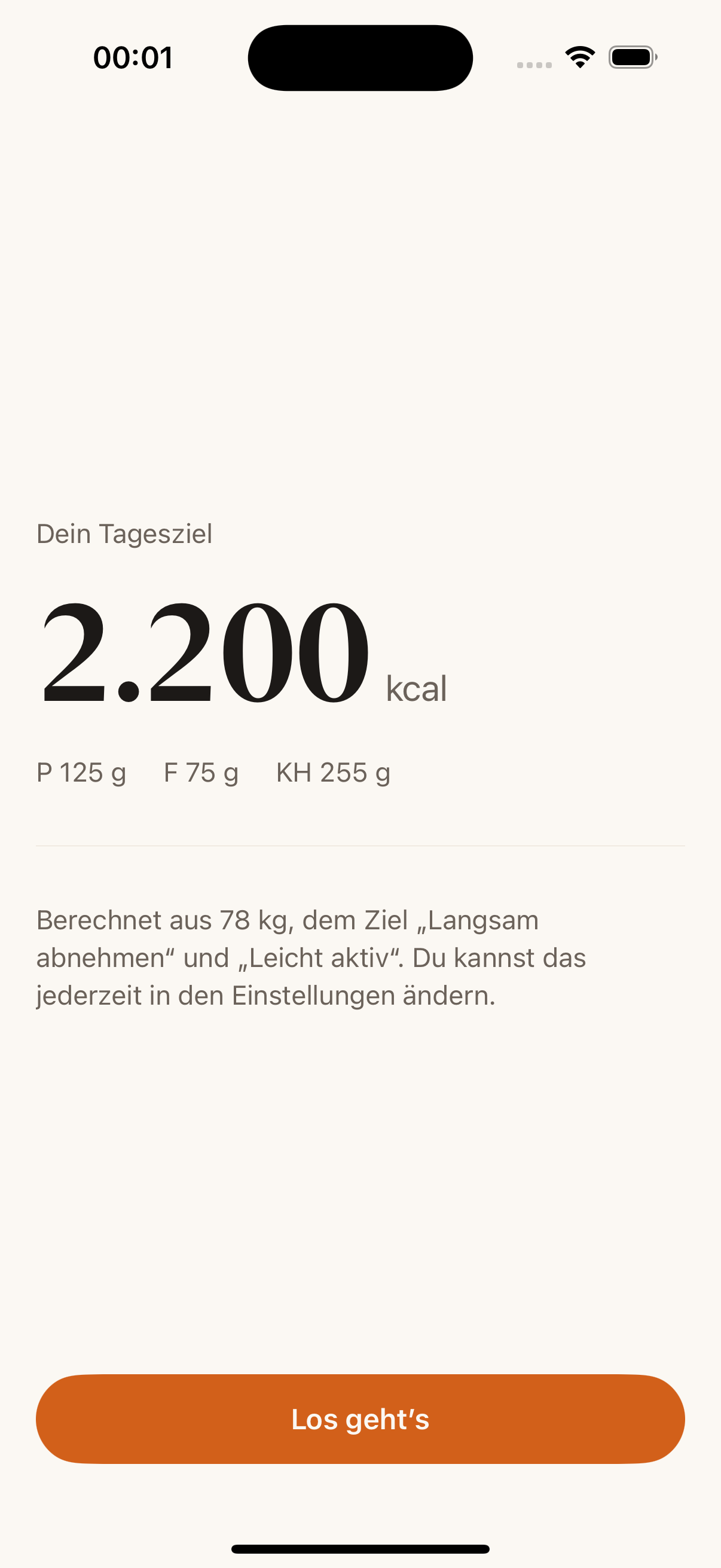 Dein Tagesziel, berechnet aus Gewicht, Richtung und Aktivität