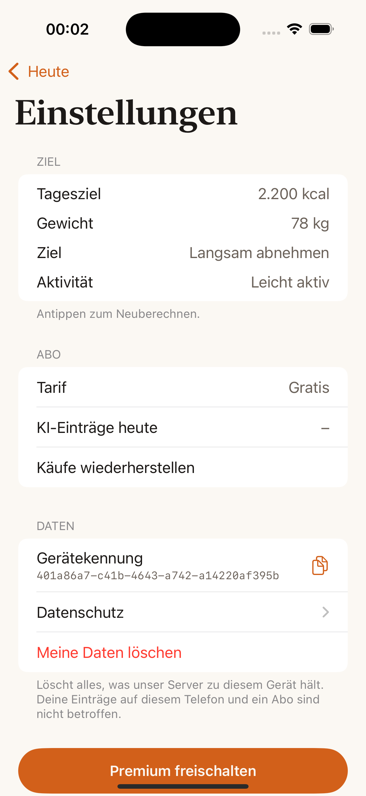 Einstellungen mit Kontingent, Gerätekennung und Datenschutz