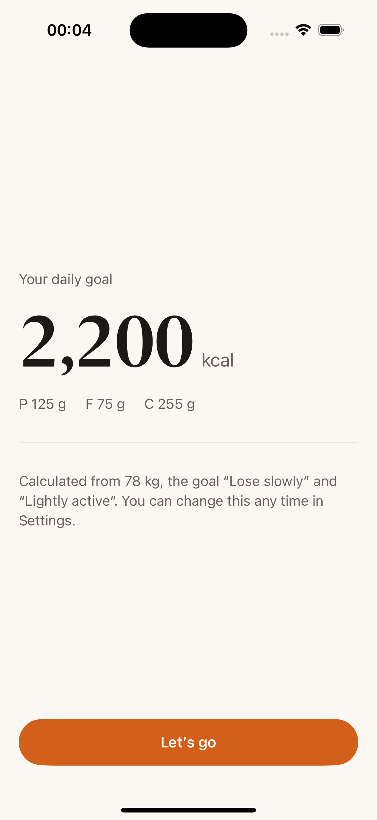 Your daily goal, calculated from weight, direction and activity