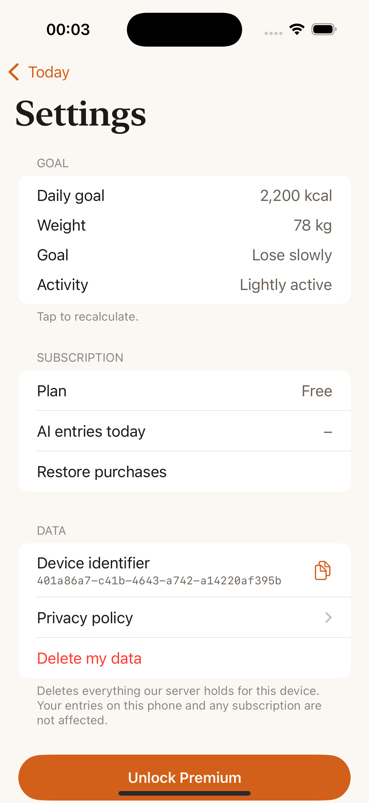 Settings with daily limit, device identifier and privacy