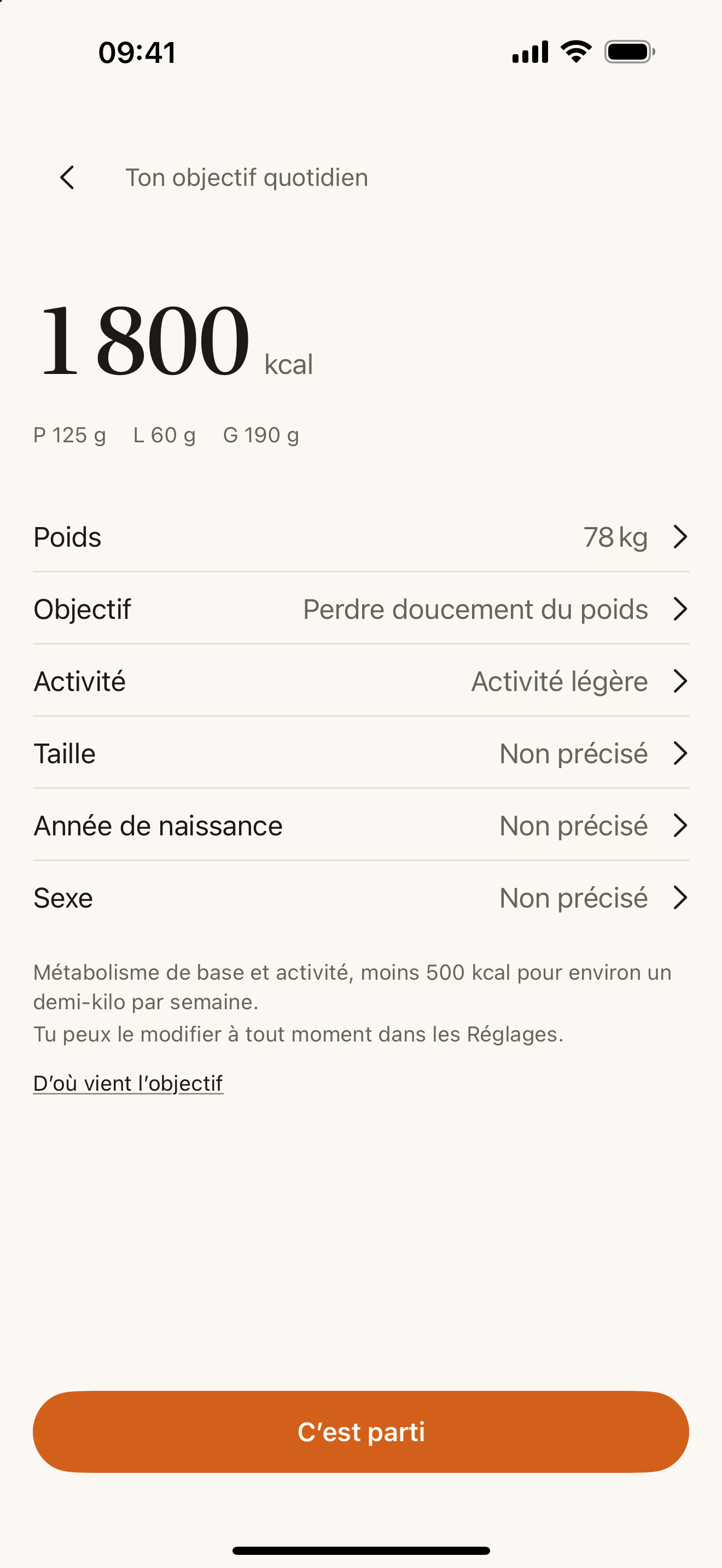 Ton objectif quotidien, calculé à partir du poids, de la direction et de l’activité