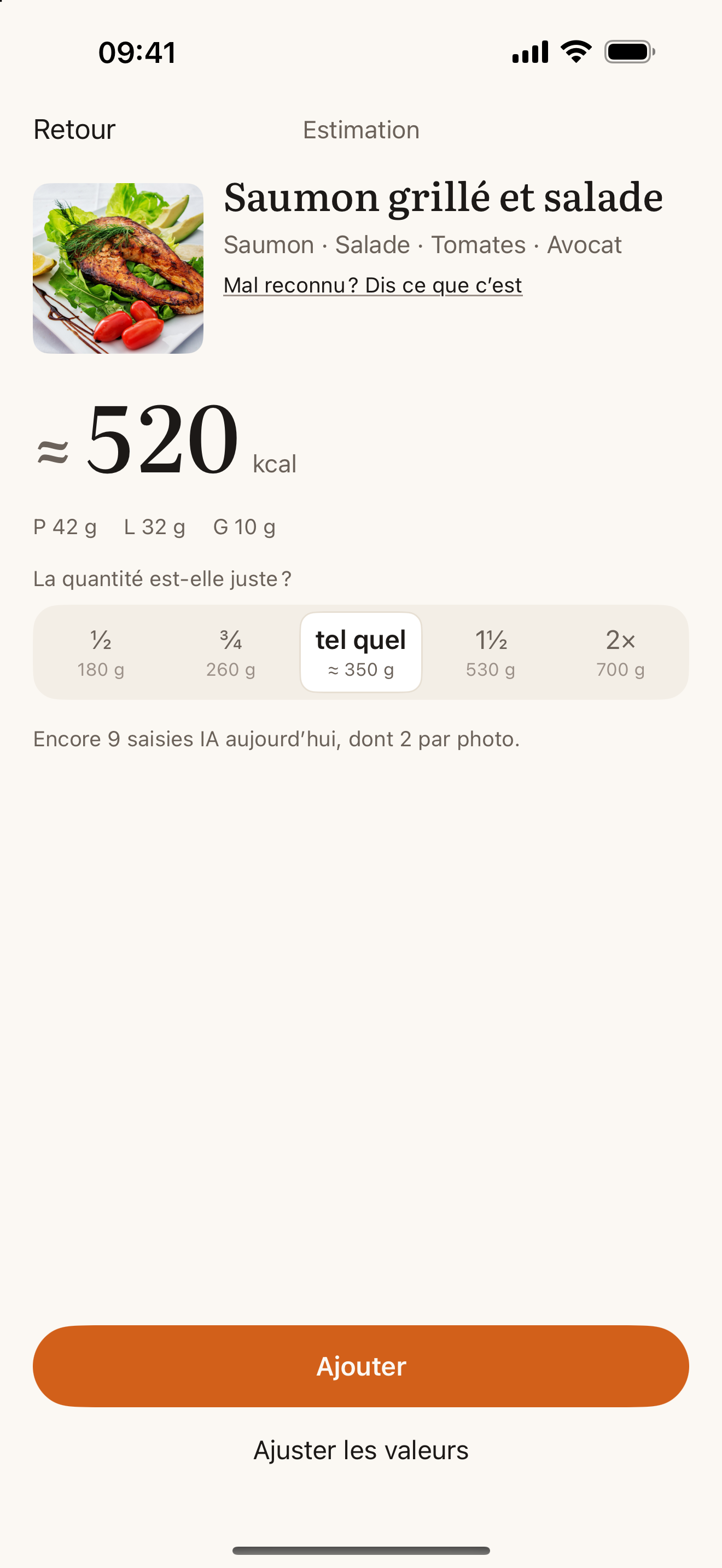 Estimation photo : le plat reconnu avec ses ingrédients et ses calories, marqué ≈